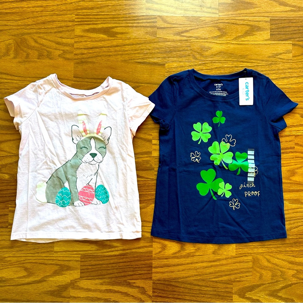 2 Pc Carter’s Kid Girls 7 7A St. Patrick’s Day Easter Puppy T-Shirts EUC NWT!